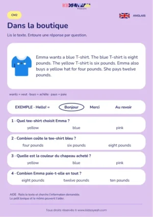 Comprendre les achats de vêtements d’Emma au CM2 — fiche enfant