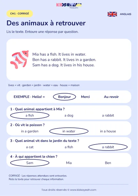 Comprendre les animaux et leurs lieux de vie au CM1 — corrigé