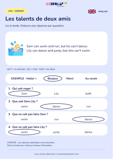 Comprendre les capacités de Sam et Lily en anglais au CM1 — corrigé