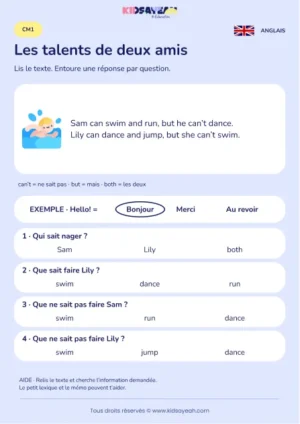 Comprendre les capacités de Sam et Lily en anglais au CM1 — fiche enfant