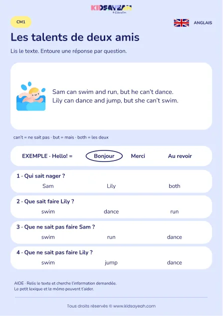 Comprendre les capacités de Sam et Lily en anglais au CM1 — fiche enfant