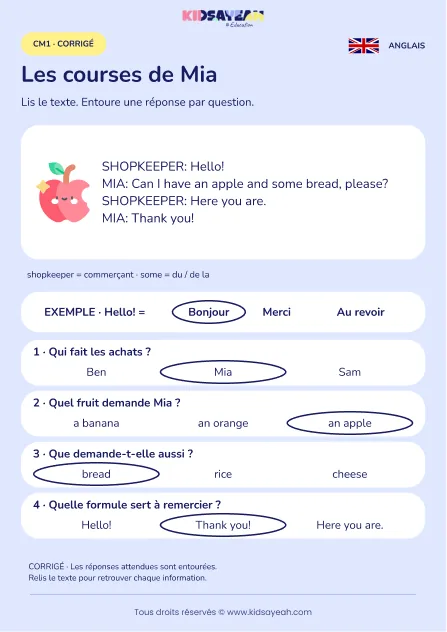 Comprendre les courses de Mia dans un dialogue anglais au CM1 — corrigé