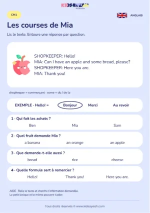 Comprendre les courses de Mia dans un dialogue anglais au CM1 — fiche enfant
