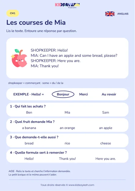 Comprendre les courses de Mia dans un dialogue anglais au CM1 — fiche enfant