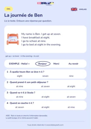 Comprendre les horaires de la journée de Ben au CM1 — fiche enfant
