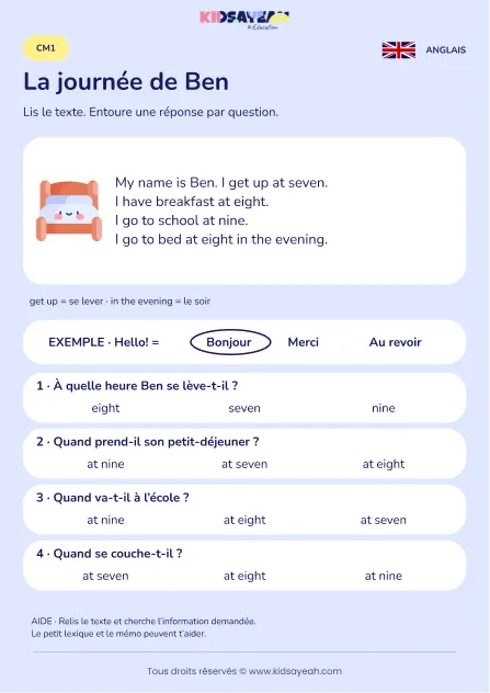 Comprendre les horaires de la journée de Ben au CM1 — fiche enfant