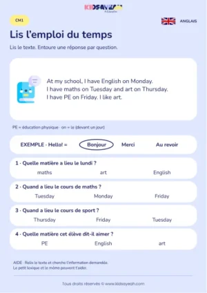 Comprendre les matières d’un emploi du temps anglais au CM1 — fiche enfant
