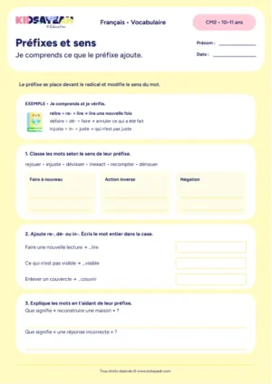 préfixes CM2 exercice à imprimer - fiche élève