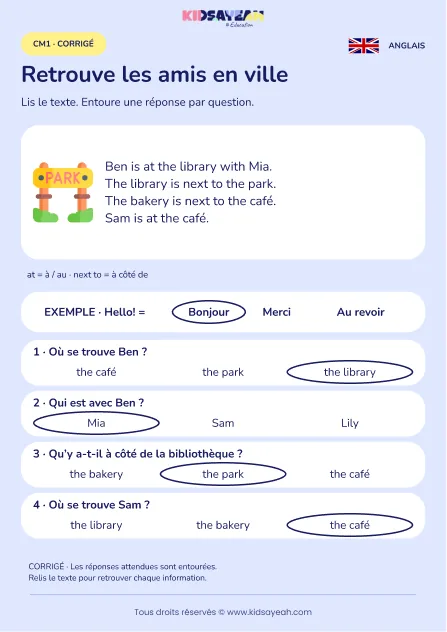 Comprendre où sont les amis en ville en anglais au CM1 — corrigé