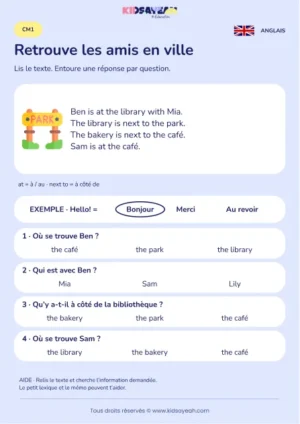 Comprendre où sont les amis en ville en anglais au CM1 — fiche enfant