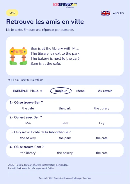 Comprendre où sont les amis en ville en anglais au CM1 — fiche enfant
