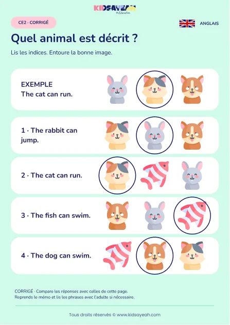 Comprendre un animal et son action en anglais au CE2 — corrigé