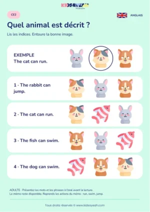 Comprendre un animal et son action en anglais au CE2 — fiche enfant