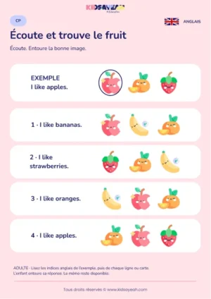 Comprendre un fruit annoncé avec I like au CP — fiche enfant