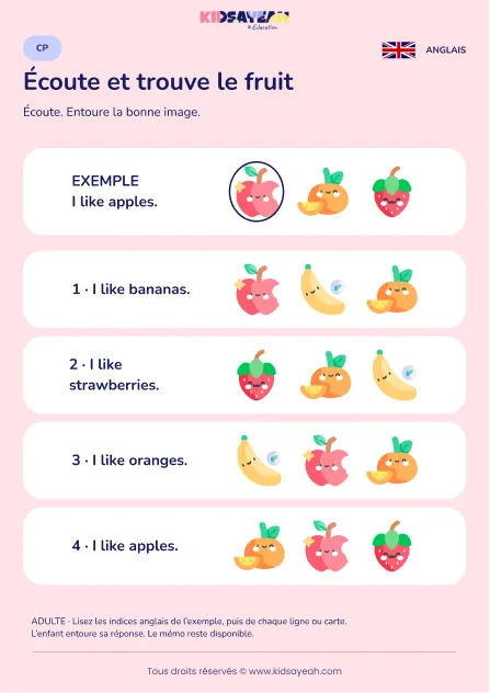 Comprendre un fruit annoncé avec I like au CP — fiche enfant