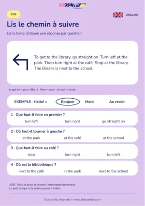 Comprendre un itinéraire écrit vers la bibliothèque au CM2 — fiche enfant