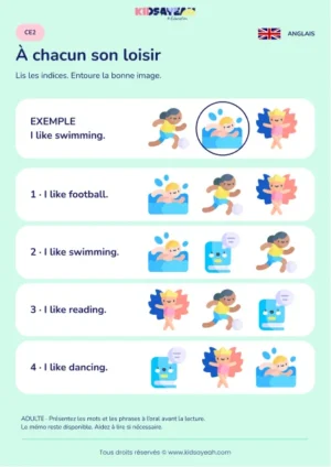 Comprendre un loisir aimé dans une phrase anglaise au CE2 — fiche enfant