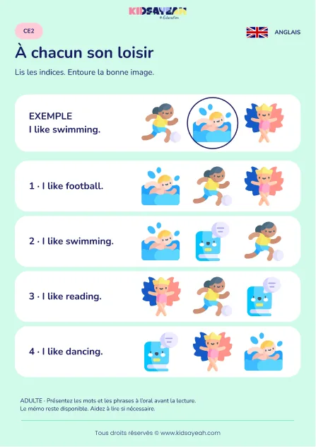 Comprendre un loisir aimé dans une phrase anglaise au CE2 — fiche enfant