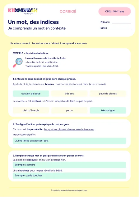 Corrigé - exercice comprendre un mot en contexte CM2 à imprimer