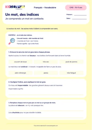 exercice comprendre un mot en contexte CM2 à imprimer - fiche élève