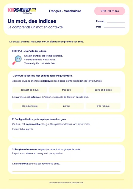 exercice comprendre un mot en contexte CM2 à imprimer - fiche élève