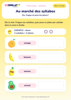 Compter les syllabes de quatre fruits avec des jetons en MS — aperçu de la fiche à imprimer