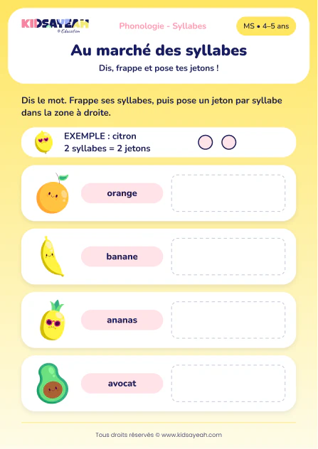 Compter les syllabes de quatre fruits avec des jetons en MS — aperçu de la fiche à imprimer