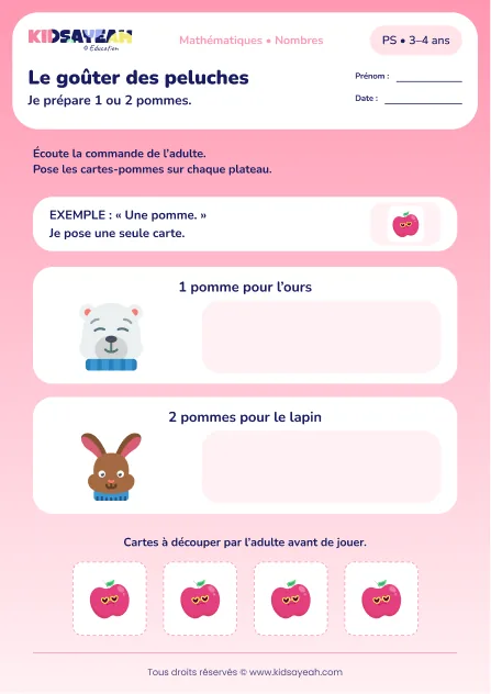 Le goûter des peluches – constituer une collection de 1 ou 2 objets en PS