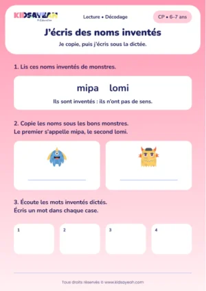 Copier mipa et lomi puis écrire des pseudo-mots au CP — aperçu de la fiche à imprimer