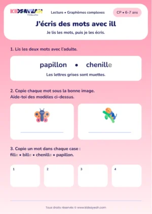 Copier papillon, chenille, fille et bille au CP — aperçu de la fiche à imprimer