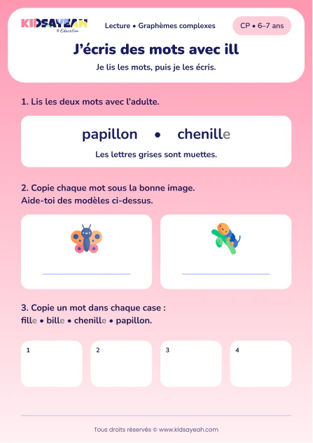 Copier papillon, chenille, fille et bille au CP — aperçu de la fiche à imprimer