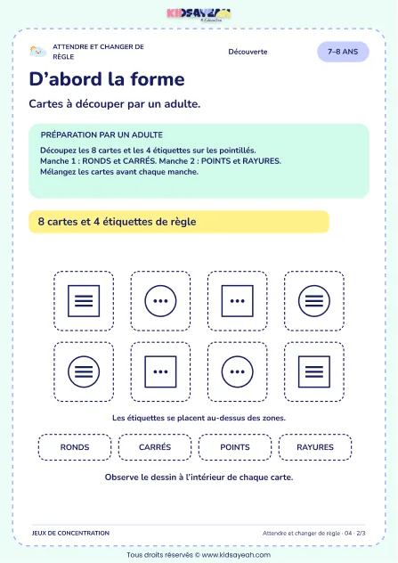 D’abord la forme – jeu de règles et d’attention à imprimer pour les enfants de 7–8 ans – page 2 : page 2 : 2/3 — Cartes
