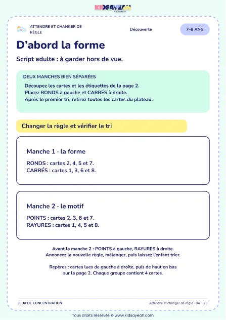 D’abord la forme – jeu de règles et d’attention à imprimer pour les enfants de 7–8 ans – page 3 : page 3 : 3/3 — Script adulte