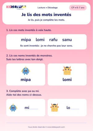 Décoder les pseudo-mots mipa, lomi, rafu et sanu au CP — aperçu de la fiche à imprimer