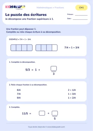 Décomposer 5/3, 7/4 et 11/5 au CM1 : aperçu de la fiche Le puzzle des écritures