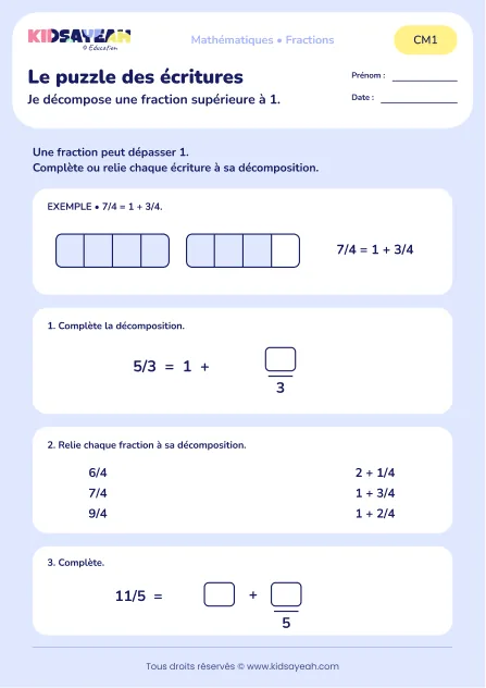 Décomposer 5/3, 7/4 et 11/5 au CM1 : aperçu de la fiche Le puzzle des écritures