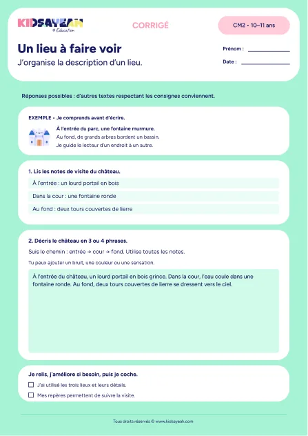 Corrigé - description de lieu CM2 exercice à imprimer