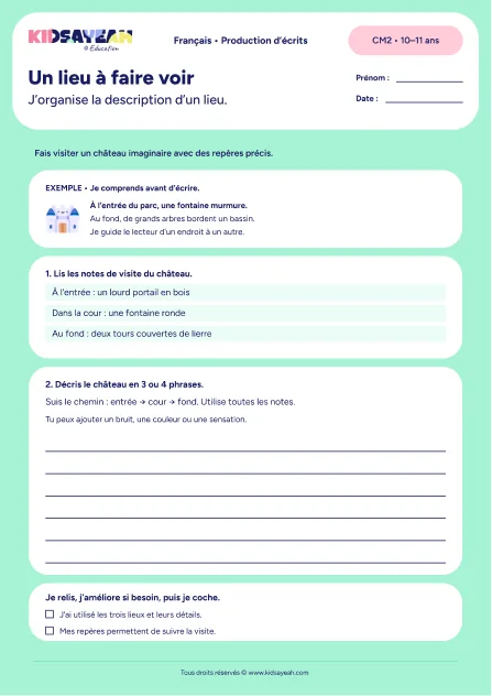 description de lieu CM2 exercice à imprimer - fiche élève