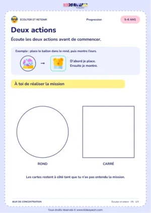 Deux actions – jeu d’écoute et d’attention à imprimer pour les enfants de 5–6 ans