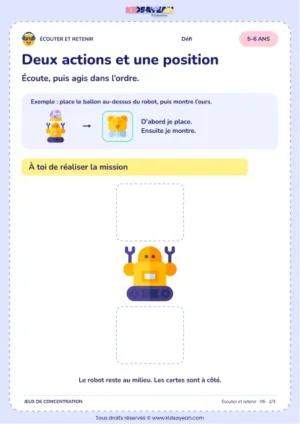 Deux actions et une position – jeu d’écoute et d’attention à imprimer pour les enfants de 5–6 ans
