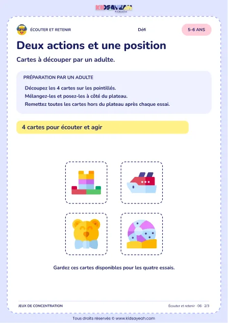 Deux actions et une position – jeu d’écoute et d’attention à imprimer pour les enfants de 5–6 ans – page 2 : page 2 : 2/3 — Cartes