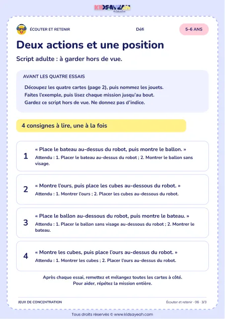 Deux actions et une position – jeu d’écoute et d’attention à imprimer pour les enfants de 5–6 ans – page 3 : page 3 : 3/3 — Script adulte
