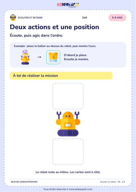 Deux actions et une position – jeu d’écoute et d’attention à imprimer pour les enfants de 5–6 ans