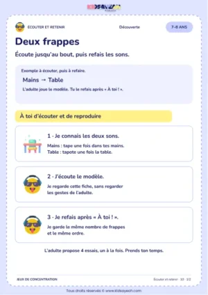 Deux frappes – jeu d’écoute et d’attention à imprimer pour les enfants de 7–8 ans
