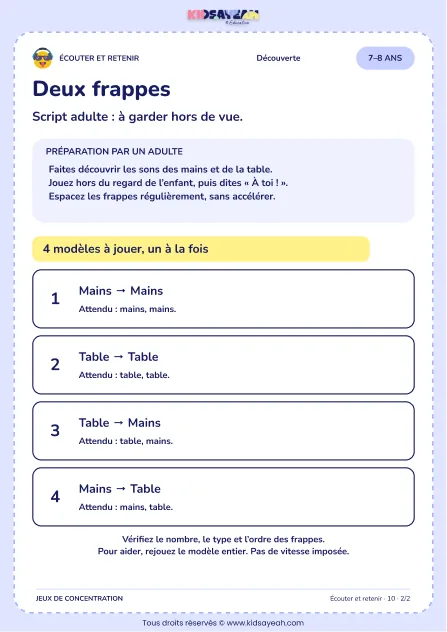 Deux frappes – jeu d’écoute et d’attention à imprimer pour les enfants de 7–8 ans – page 2 : page 2 : 2/2 — Script adulte