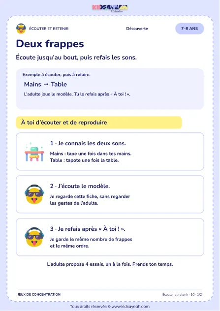 Deux frappes – jeu d’écoute et d’attention à imprimer pour les enfants de 7–8 ans
