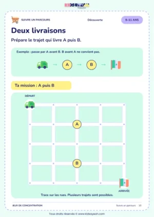 Deux livraisons – parcours visuel à imprimer pour les enfants de 9–11 ans