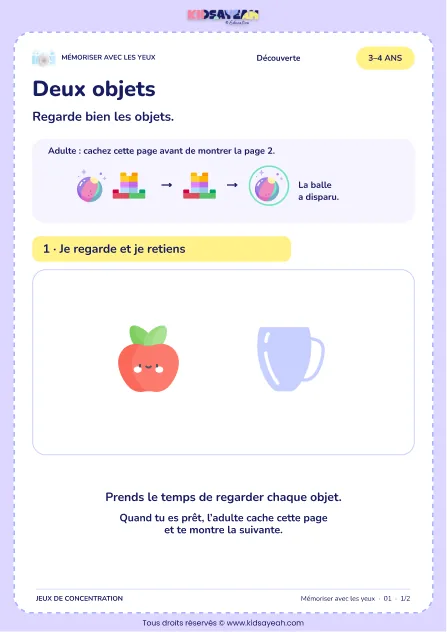 Deux objets – jeu de mémoire visuelle à imprimer pour les enfants de 3–4 ans