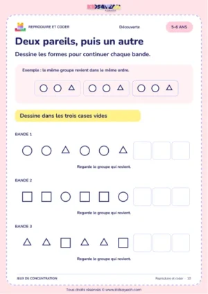 Deux pareils, puis un autre – jeu de codes et modèles à imprimer pour les enfants de 5–6 ans
