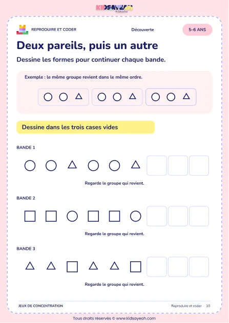 Deux pareils, puis un autre – jeu de codes et modèles à imprimer pour les enfants de 5–6 ans